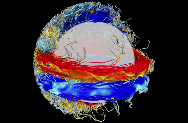 Wreaths of strong magnetic field in a global-scale 3D cycling dynamo simulation.