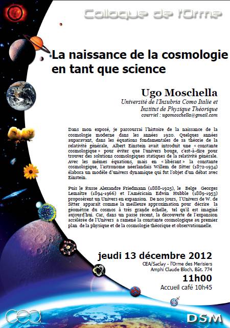 Colloque de l’Orme  jeudi 13 à 11h  « La naissance de la cosmologie en tant que science » par Ugo Moschella