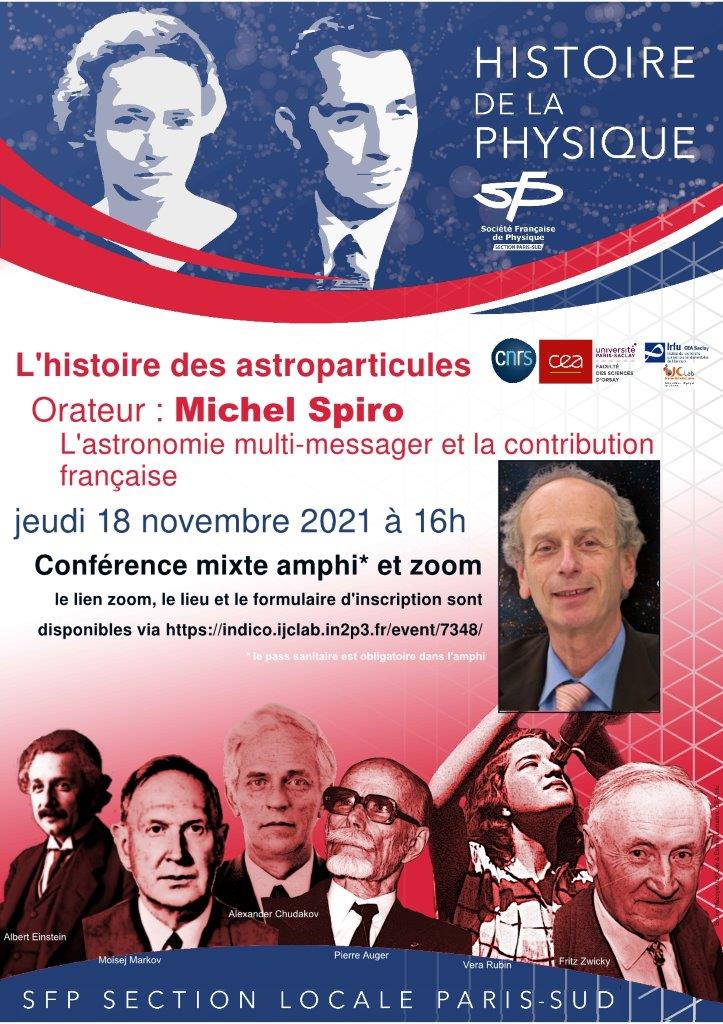 Conférence SFP : L'histoire des astroparticules par Michel Spiro le 18 novembre 2021 16h00