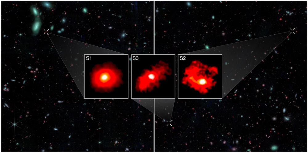 Three galactic monsters in the early universe