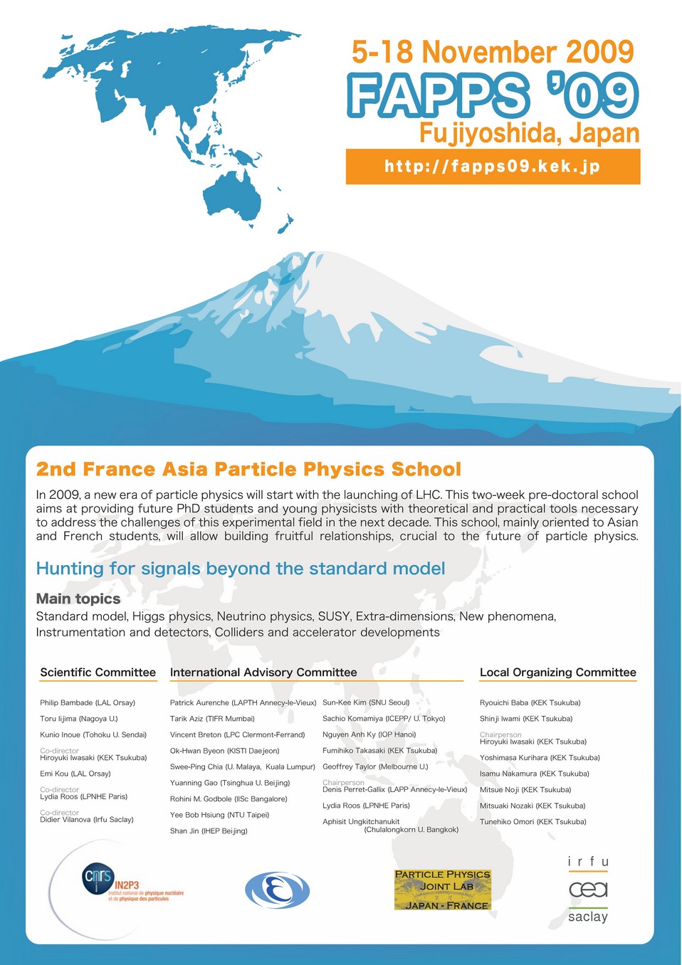  Seconde école franco-asiatique de physique des particules «FAPPS  2009 », 5 - 19 novembre 2009, Fujiyoshida (Japon)